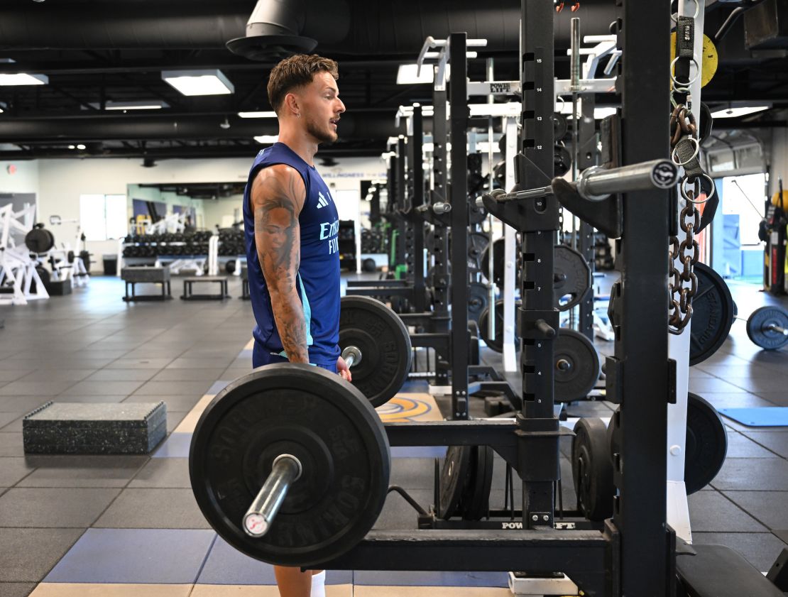 Incorporating weight training into your daily routine can help maintain strength.  Here, Arsenal soccer star Ben White works out at the Los Angeles Rams compound in Thousand Oaks, California on July 23.