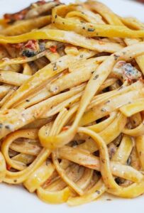 Sun dried tomato and mushroom pasta in a garlic and basil sauce