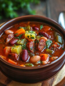 Bowl of Winter Vegetable and Bean Soup with Spicy Sausage.